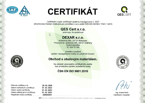 Certifikát ČSN EN ISO 9001:2016